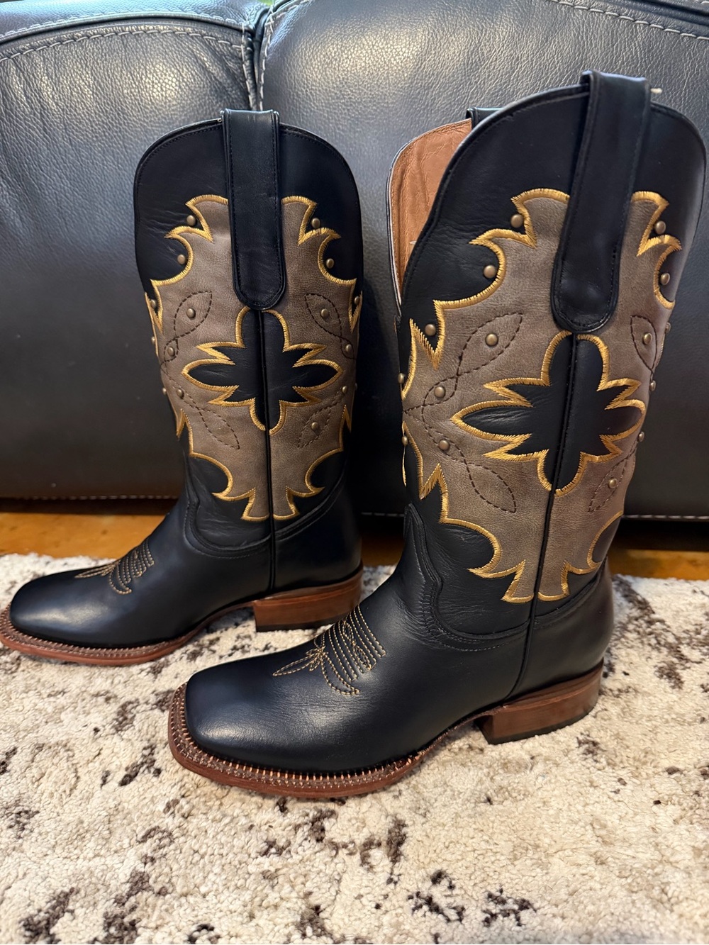 Tanner Mark Black & Taupe Studded Western Cowgirl Boots with Gold Embroidery